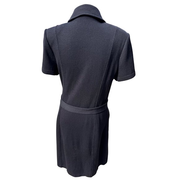 Vintage Black Short Sleeve Belted Knit Dress With Gold Zipper & Pockets - Picture 5 of 8